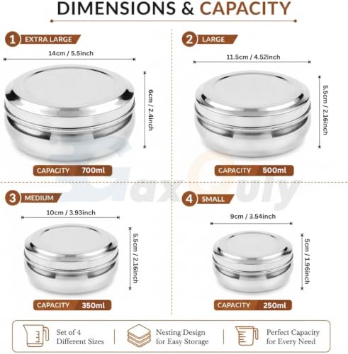 Image of Set of 4 Stainless Steel Puri Dabba with Lids Food Storage Containers for Roti, Chapati, Dry Fruits, Snacks & Kitchen Storage Lunch Box Stackable Steel Canisters 250ml, 350ml, 500ml & 700ml