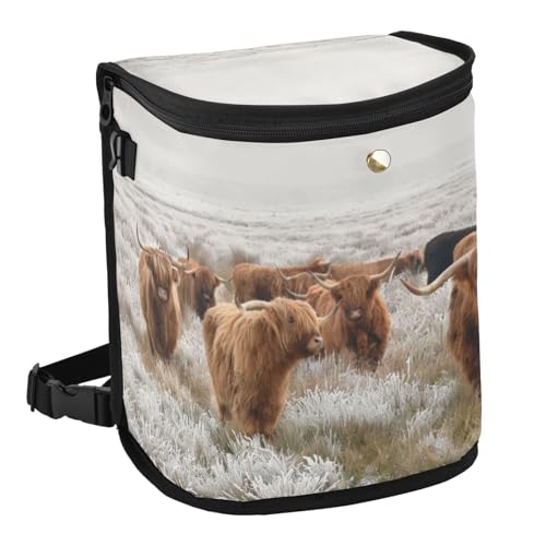 Image of linqin Scottish Highland Cow Car Trash Can with Lid Leak Proof Car Trash Bag Waterproof Car Garbage Can, Polyester Trash Bin Hanging for Minivan SUV Truck