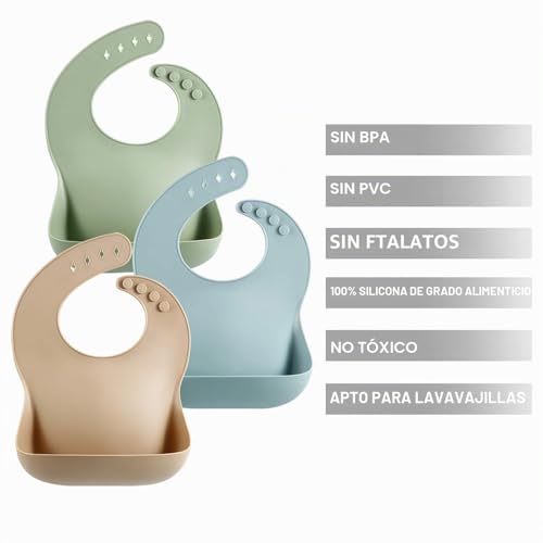 Miniatura 6 de Pandaear Paquete De 3 Lindos Baberos De Silicona Para Bebés Y Niños Pequeños 10-72 Meses Impermeables, Suaves, Unisex, No Desordenados Marrón Azul Verde