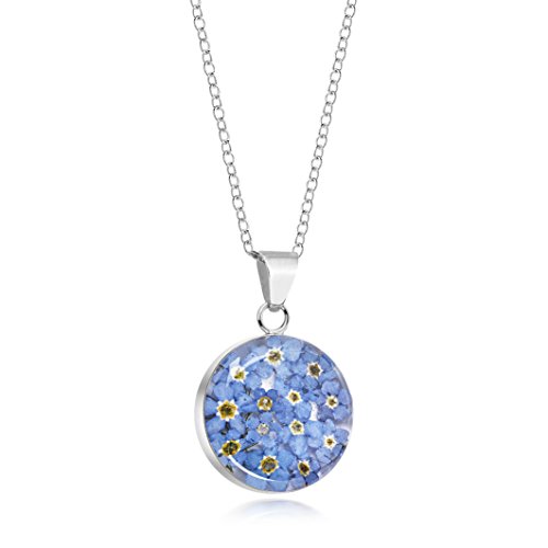 Preisvergleich Produktbild Natürlicher Blumen-Anhänger aus Sterlingsilber, mittelgroß, rund, mit echten Vergissmeinnicht