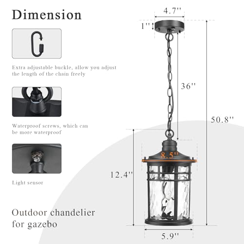 Image of Large Hanging Porch Light 12.4 Inch Dusk to Dawn Outdoor Pendant Light with Water Ripple Glass Waterproof Outdoor Hanging Lantern Light with Adjustable Chain E26 Socket