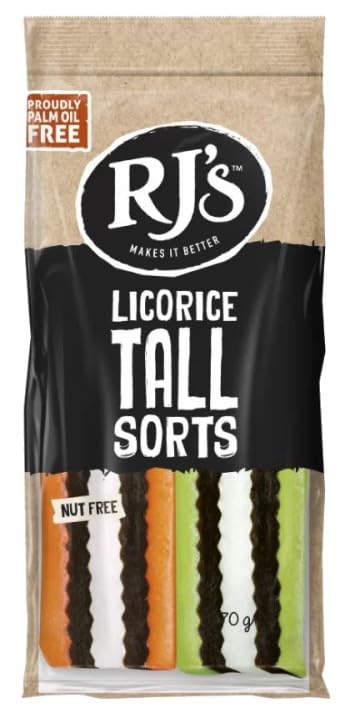 RJs Licorice Tall Sorts Nut Free Palm Oil Free Assorted Colours 70g