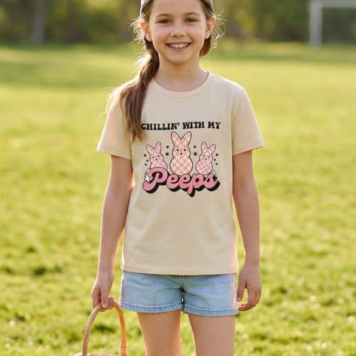Image of CM C&M WODRO Kid Girl Easter Bunny T-Shirt Chillin' with My Peeps Shirt Short Sleeve Funny Happy Easter Graphic Tees Tops
