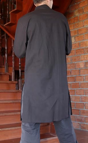 Image of Chinese Collar Mens Long Naval Jacket Many Button Tai Chi Cotton