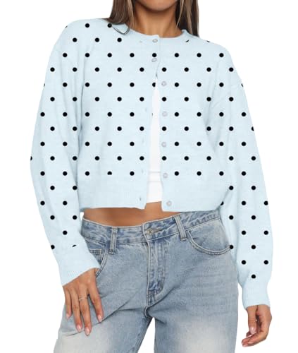 Women Y2k Polka Dot Button Up Open Front Crop Cardigan Sweater Long Sleeve Crewneck Knit Tops Cute Fall Outfits