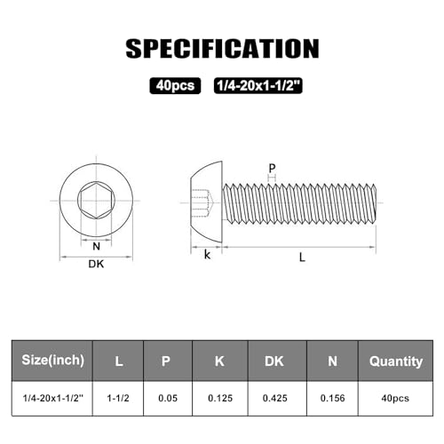 Image of VGBUY 40Pcs 1 /4-20 x 1-1 /2 inch Button Head Socket Cap Bolts Screws, 304 Stainless Steel 18-8, Allen Hex Drive, Bright Finish, Fully Threaded, Hex Spanner Included (VG30308)