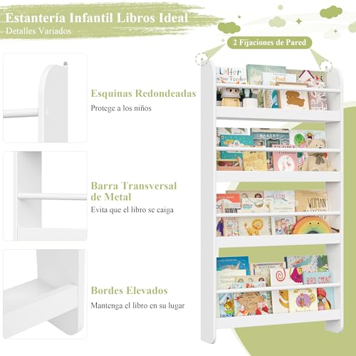 Miniatura 9 de Forehill Estantería Infantil Pared, Estantería Infantil Libros, Librería Infantil Montessori, Madera, Para Niños, 4 Estantes 111x58x12cm Blanco