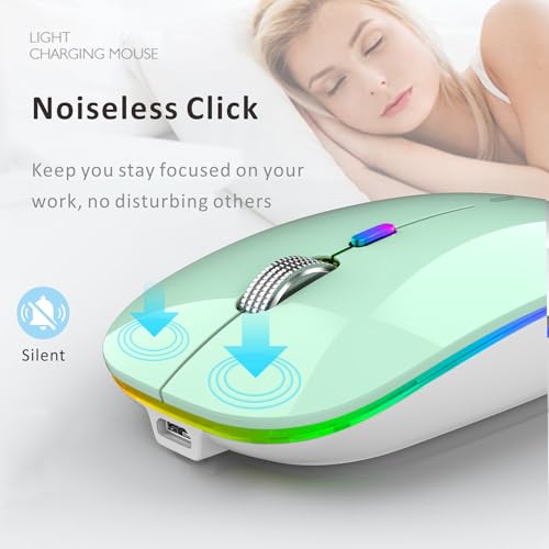 Image of Uiosmuph LED Wireless Mouse, G12 Slim Rechargeable Silent Mouse, 2.4G Portable USB Optical Wireless Computer Mice with USB Receiver and Type C Adapter (Mint Green)