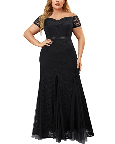 Miusol Women's Plus Size Formal Off Shoulder Vintage Floral Lace Mermaid Maxi Evening Party Dress