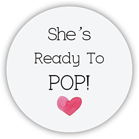 100x Round - She's Ready to POP! - Heart Baby Shower Favour Stickers, 4cm About to Pop Favour Popcorn Labels - UNI 062 Cover