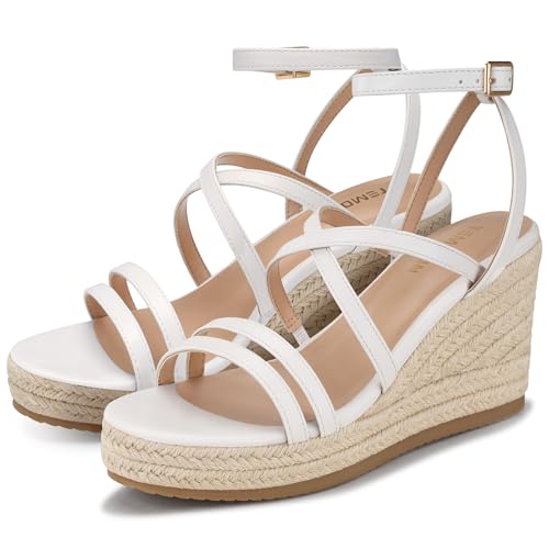 Image of TEMOFON White Wedge Sandals for Women Espadrilles 2026 Dressy Summer Comfortable Walking Strappy Platform Sandals Beach Wedding Low Wedges Heels Womens Shoes
