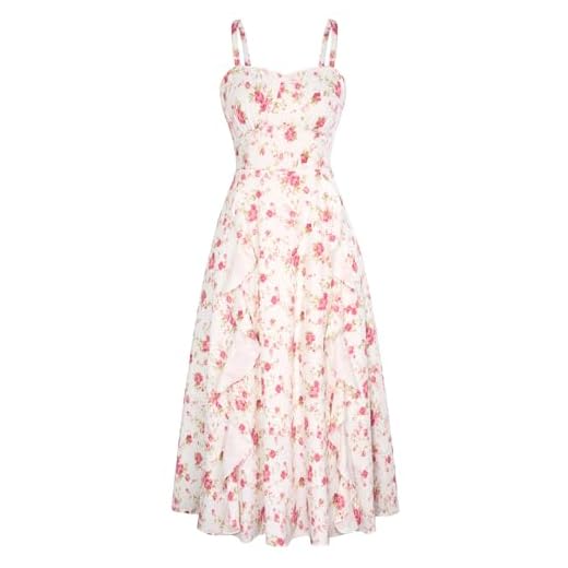Belle Poque Midi Floral Dress Wedding Guest Dress Cottagecore Summer Ruffled Dress for Women Pink Floral, XL