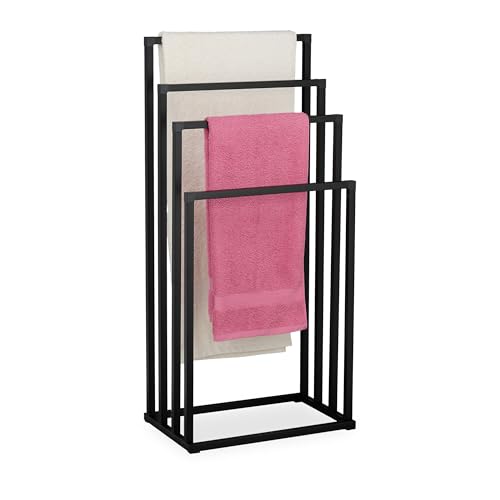 Relaxdays Handtuchständer, HxBxT: 96,5 x 45 x 29 cm, Metall, 4 Stangen, stehender Handtuchhalter, Badezimmer, schwarz