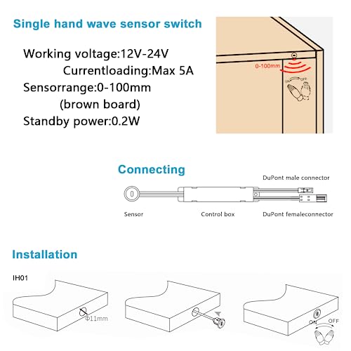 Image of VST Motion Sensor Light Switch, IR Handwave Activated Dimmable Light Switch for Closet Light LED Strip Light Under Cabinet Lighting with 12V JST Male and Female Connector (DC 12 /24V 3A) | Motion Sensor Light Switch for Closet Light LED Strip Light Under Cabinet lighting with 12V JST Male and Female Connector