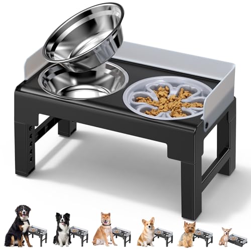 Euqvunn Hundenapf Erhöht, 6-stufig höhenverstellbar, 5° Neigung, Spritzschutz-Design, Futternapf Hund Erhöht mit Zwei 1000ml Edelstahl & Slow Feeder Hundenapf, für Kleine, Mittlere und Große Haustier