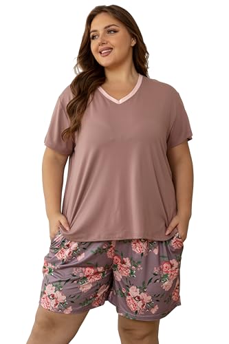 Image of Vozanet Women's Short Sleeve Top and Shorts Pajama Sets Plus Size V Neck Colorful Flower Nighty Loungewear With TWO Pockets