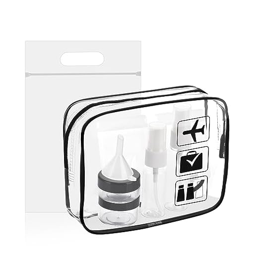 Anwone Bolsa Transparente Avion Set,Neceser de Viaje con 6 Botes Viaje Rellenables Kit(MAX.100ml) y 1 Bolsa Aeropuerto Liquidos(25cm x 17cm 1L) para Avion Frascos,Transparente