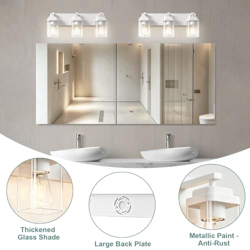Image of White Bathroom Light Fixtures, 3 Lights Bathroom Lighting Fixtures Over Mirror, Square Design & Rectangle Large Backplate, Modern Vanity Lighting Fixtures, for Bathroom /Living Room /Bedroom