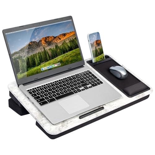 LAPGEAR Extra Large Adjustable Lap Desk – Fits Laptops up to 17.3”, Adjustable Cushion, Memory Foam Wrist Rest, Mouse Pad, Device Ledge, & Phone Slot – White Marble - Style No. 88101 by LapGear - Used condition - US$37.88