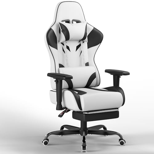 JUMMICO Chaise de Gaming avec Accoudoirs Réglables, Chaise de Bureau Érgonomique avec Repose-Pieds, Chaise Gamer avec Capacité de Charge 150 kg, Blanc