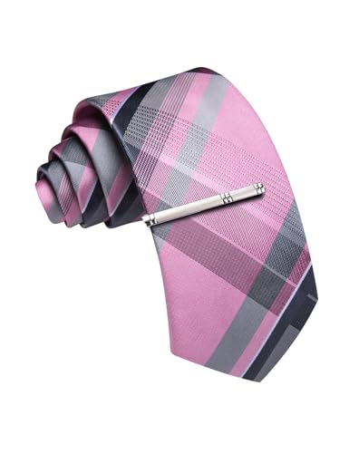 Image of Barry.Wang Plaid Ties Mens Silk Necktie and Tie Clip Checkered Tie for Wedding Party Business Formal