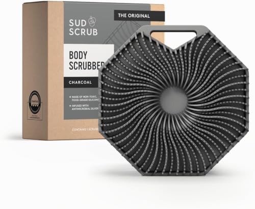 Image of Sud Scrub Antimicrobial Silicone Body Scrubber, Exfoliating Body Brush for Sensitive Skin, Antibacterial Shower Scrubber for Body, Bathroom Essentials for Men & Women, Charcoal