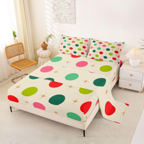 Feelyou Kids Christmas Polka Dot Bed Sheets Set Full Size 4Pcs Soft | Star Burst Circle Bed Set Boys Girls Deep Pocket Fitted Sheet Breathable Cozy Lightweight Microfiber All Season