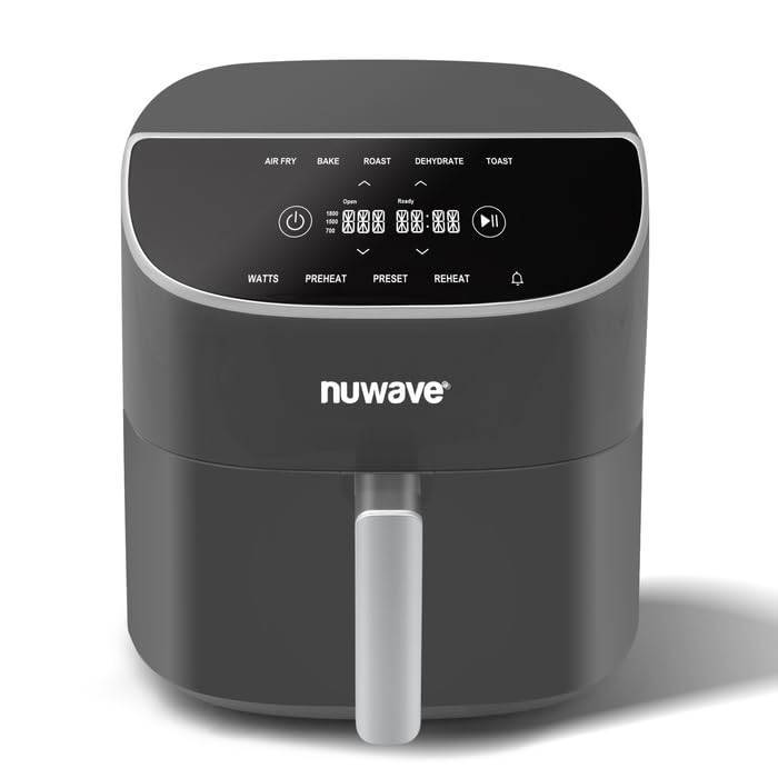 Nuwave 8QT Brio Air Fryer Plus Cool Gray, Digital LED Touch Screen with Cool White Display, 50°F~400°F in Precise 5°, 3 Wattage Alternatives, 5 Cook Functions, 50 Memory, PFAS Free, New & Improved