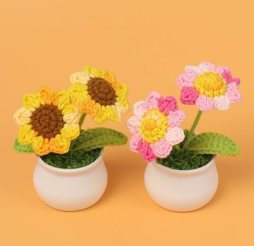 Image of VRB DecTM 1 Pcs Crochet Flowers Artificial Twin Sunflower for Office Desk Car Dashboard Decor,Home Decoration,Festival,Office, Bedroom, Christmas Decor. (Twin Red Sunflower with Pot)