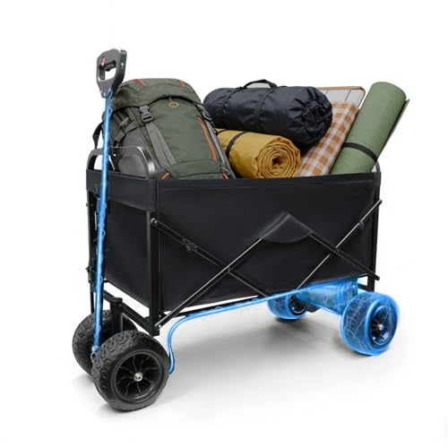Electric Camping Wagon 350LBS Capacity 300L Large Foldable Utility Cart with Dual Batteries All Terrain Off-Road Motorized Hauler for Beach Camping Outdoor Travel Black