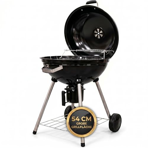 Kugelgrill 54 cm Holzkohlegrill mit Deckel & Thermo-Luftregulierung Große Grillfläche Ø54 cm Mobiler BBQ Grill mit Aschebehälter & Ablage Holzkohle Standgrill für Garten & Terrasse