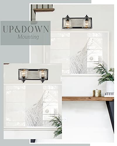 Image of 16 inch 2-Light Farmhouse Bathroom Vanity Light with Bubble Glass, Gray | Metal base with hand-painted wood-grain finish, 5.3 inch seeded glass, E26 Bulbs, mount up /down, for bathroom hallway