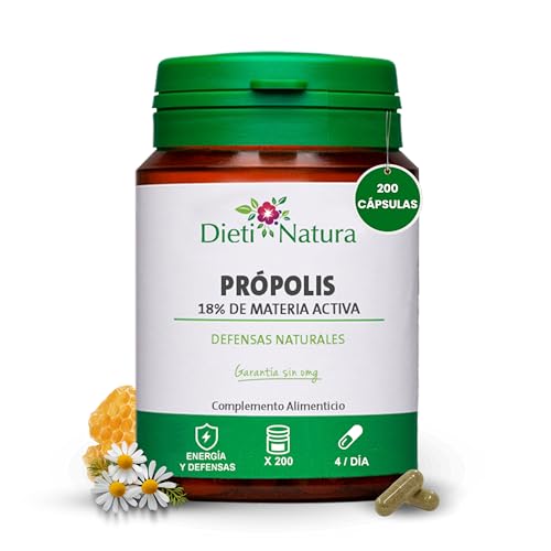Dieti Natura Própolis Puro 200 Cápsulas 18% Materia Activa - Propóleo Puro Natural para Defensas Inmunitarias Adultos - Propiedades Antibacterianas y Antioxidantes - Producto de Colmena