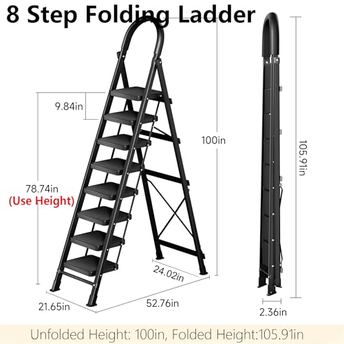 Image of 8 Step Folding Ladder,200lbs Portable Sturdy Carbon Steel Ladder for Home & Kitchen Use,Heavy - Duty Step Stool with Anti - Slip Pedal and Handrails,Black