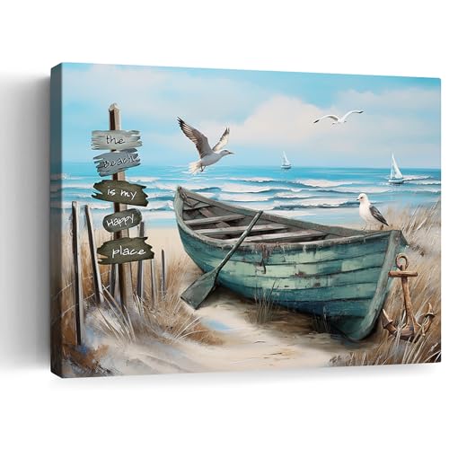 Beach Coastal Decor Wall Art Nautical Landscape Canvas Pictures Wall Decor Painting Blue Ocean Seascape Theme Framed Artwork For Bathroom Bedroom Living Room Home Office Decoration 12'X16'