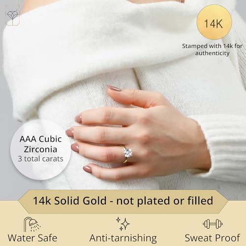 MAX + STONE 3 Carat Cubic Zirconia Solitaire Engagement Ring for Women in 14k Solid Yellow Gold CZ in Size 5 to 92