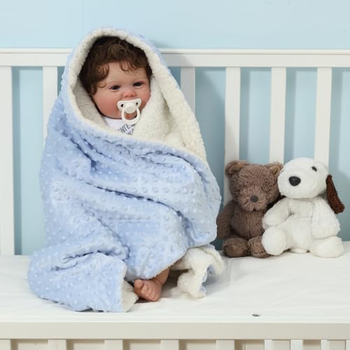 Image of CREVENT 2Pcs 30''X40'' Cute Cozy Fluffy Warm Baby Blankets for Infants Toddlers' Bedding Crib Cot Stroller - Grey Cloud + Blue Sherpa