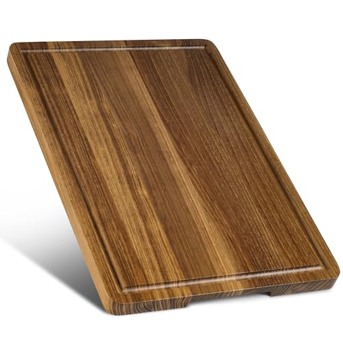 Tabla de cortar de madera de teca 16 pulgadas con mango y ranura miniatura 1