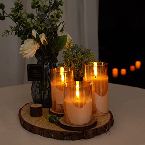 Image of Amagic Gold Glass Flameless Candles Battery Operated with Timer, Remote Control, Flickering LED Fake Pillar Candles for Fall Decoration, Christmas Thanksgiving Decor, Amber, Set of 3