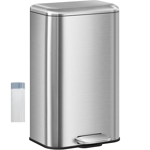 Hzuaneri Poubelle de Cuisine 30L, Poubelle Bureau, avec Pédale, avec Couvercle à Fermeture en Douceur, en Acier, Seau Intérieur, avec 15 Sacs Poubelles, Argent SW13099B