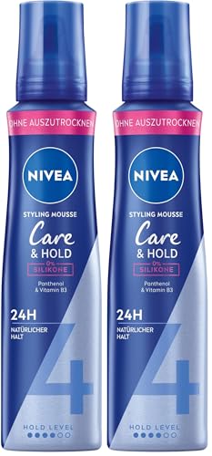 NIVEA Care & Hold Schaumfestiger, pflegender Haarschaum mit Hitzeschutz, Panthenol & Vitamin B3, Haarfestiger für 24h Halt (Haltestufe 4), Styling Mousse (150 ml) (Packung mit 2)