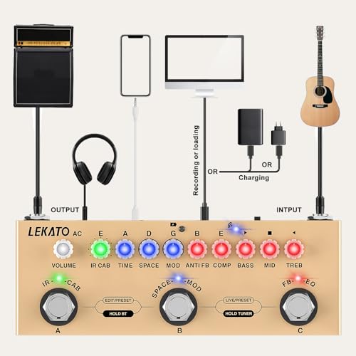 LEKATO Multi Effects Pedal for Acoustic Guitar, with IR Loading 9 AMP Models, Acoustic Multi Effects Processor, Bluetooth 5.0,Recording, Built-in Battery