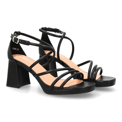 shoes&blues.es 95327 Sandalia de Tacon con Diseno de Tiras Finas y Talon Cerrado. Comodos con Plataforma, Ideal para Ocasiones Especiales. Negro Talla 38