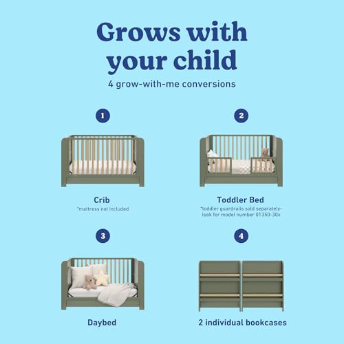 Graco Read-with-Me 4-in-1 Convertible Crib with Drawer (Olive with Driftwood) - GREENGUARD Gold Certified Converts to Toddler Bed, Daybed, and Functional Bookshelves