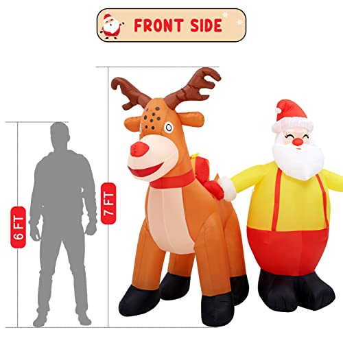 7ft Inflatables Christmas Yard Decorations, Blow Up Santa Reindeer Xmas Inflatable with LED Lights for Outdoor Yard Garden Party Decor
