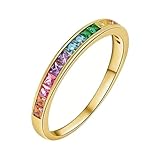 PAURO Mujer Acero Inoxidable Arcoíris Anillo Pride Oro Chapado Arcoíris Circonita Cúbica Apilables Anillos Talla 12