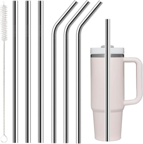 mujaxect 6 Stück Edelstahl Strohhalme für Stanley Cup,Stanley Cup Zubehör,3 gerade + 3 gebogene Strohhalm Geeignet für Stanley Cup 40/30oz,mit 1 Reinigungsbürsten(30cm×1cm)