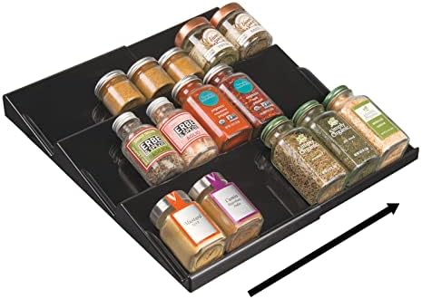 mDesign Expandable Plastic Deluxe Spice Rack, Drawer Organizer for Kitchen Cabinet Drawers, 3 Tier Slanted for Spice Jars, Food Seasoning Bottle Storage, Ligne Collection - Black