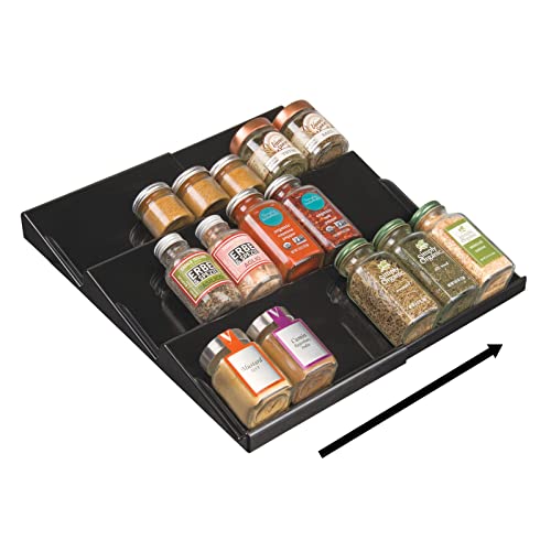 Mdesign Expandable Plastic Deluxe Spice Rack, Drawer Organizer For Kitchen Cabinet Drawers, 3 Tier Slanted For Spice Jars, Food Seasoning Bottle Storage, Ligne Collection - Black #TOP12
