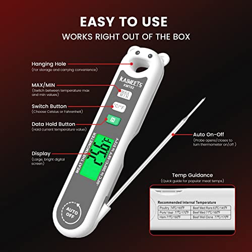 Kaiweets Meat Thermometer Digital, Waterproof Instant Read Thermometer With Backlight Lcd Screen, Fast Food Thermometer With Foldable Long Probe For Cooking, Grilling, Kitchen Gadgets, Bbq, Beef #TOP1